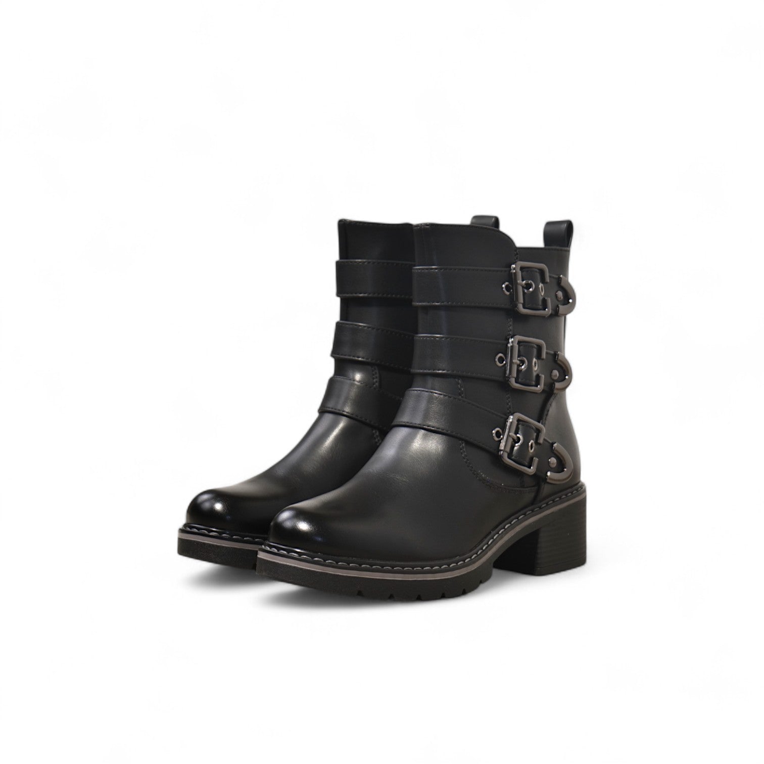 Botines biker de mujer estilo motero con tacón bajo y hebillas metálicas ajustables en polipie