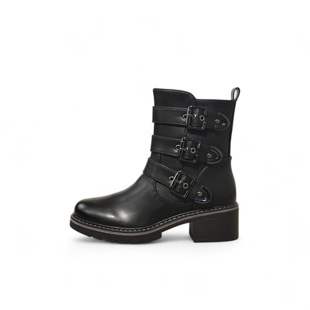 Botines biker de mujer estilo motero con tacón bajo y hebillas metálicas ajustables en polipie