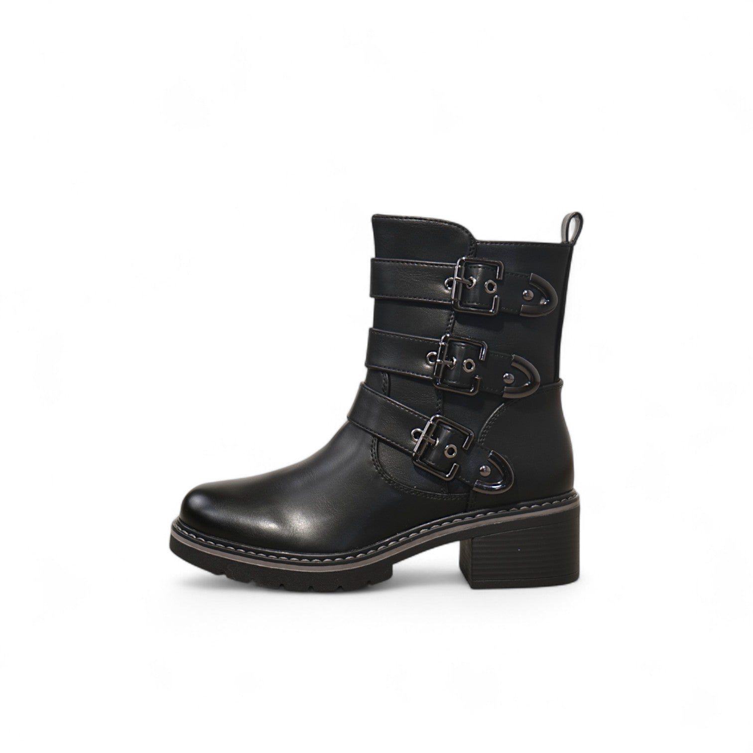 Botines biker de mujer estilo motero con tacón bajo y hebillas metálicas ajustables en polipie