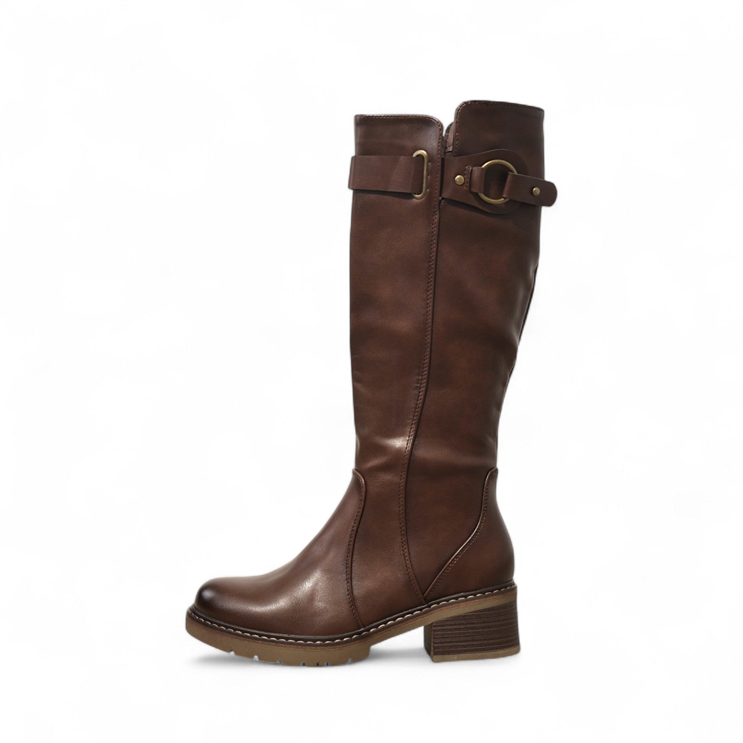 Botas altas de mujer con tacón bajo cuadrado y hebilla decorativa en la caña