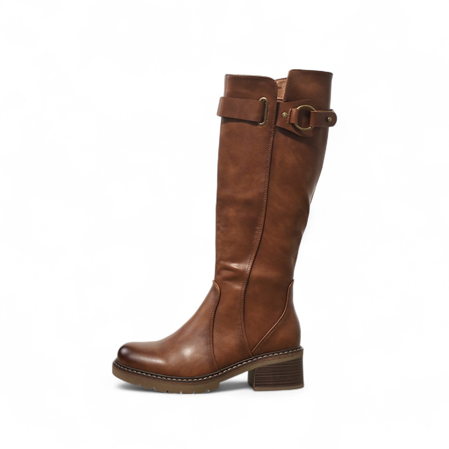 Botas altas de mujer con tacón bajo cuadrado y hebilla decorativa en la caña