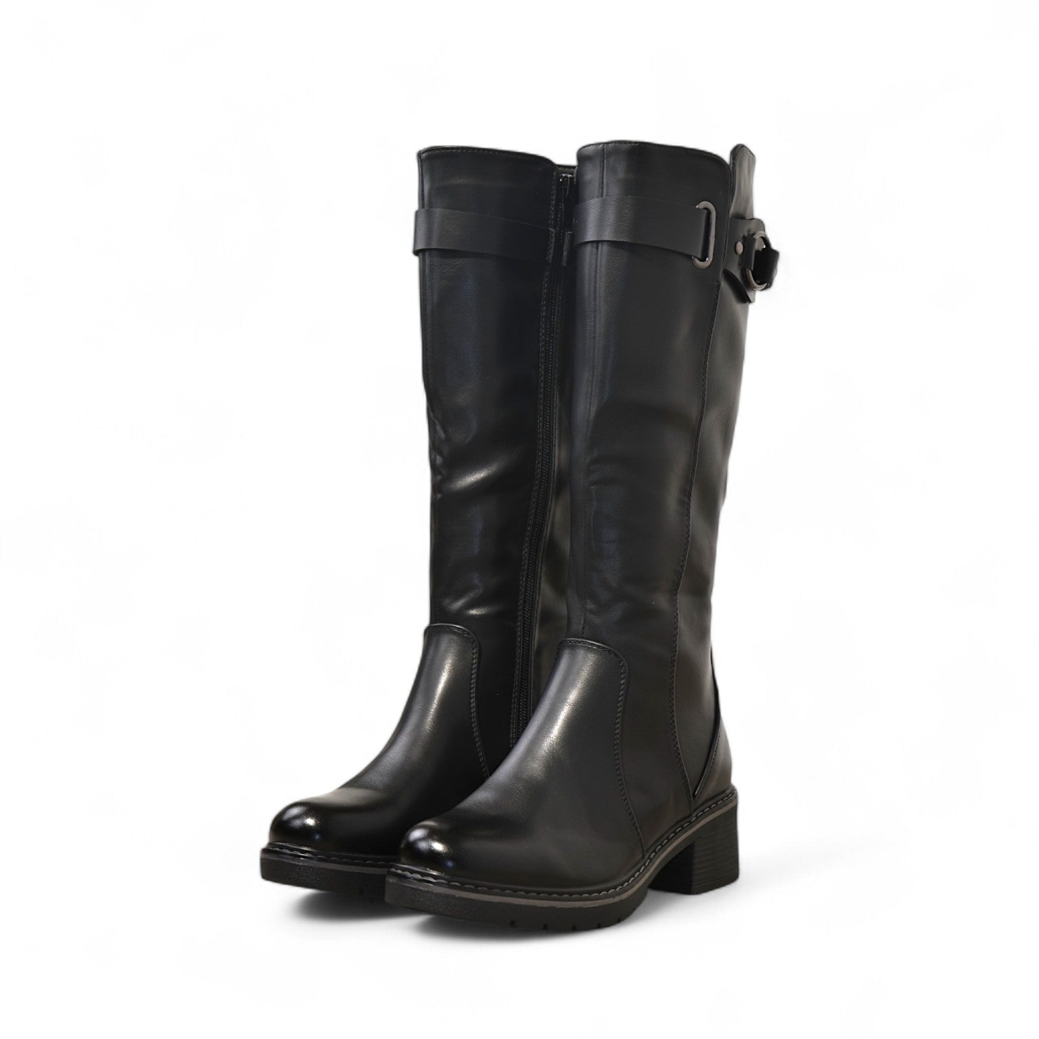 Botas altas de mujer con tacón bajo cuadrado y hebilla decorativa en la caña