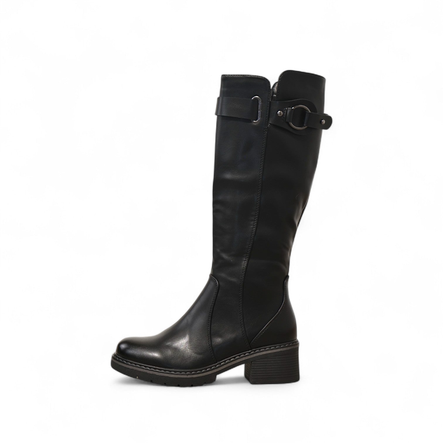 Botas altas de mujer con tacón bajo cuadrado y hebilla decorativa en la caña