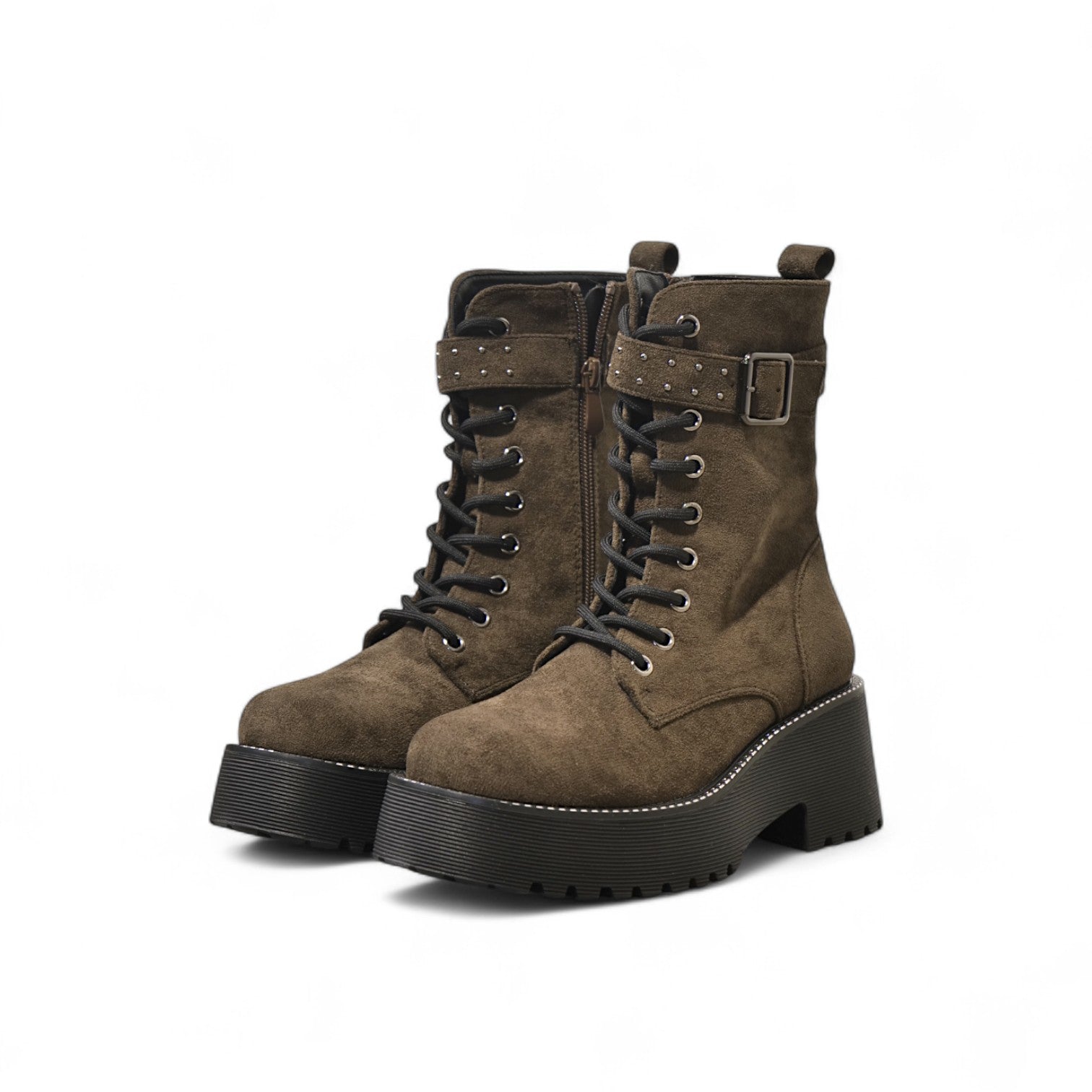 Botas combat para mujer con plataforma alta y cordones, diseño con hebilla decorativa y cierre lateral, de cuero o gamuza sintética, estilo urbano moderno disponibles en negro, marrón y beige