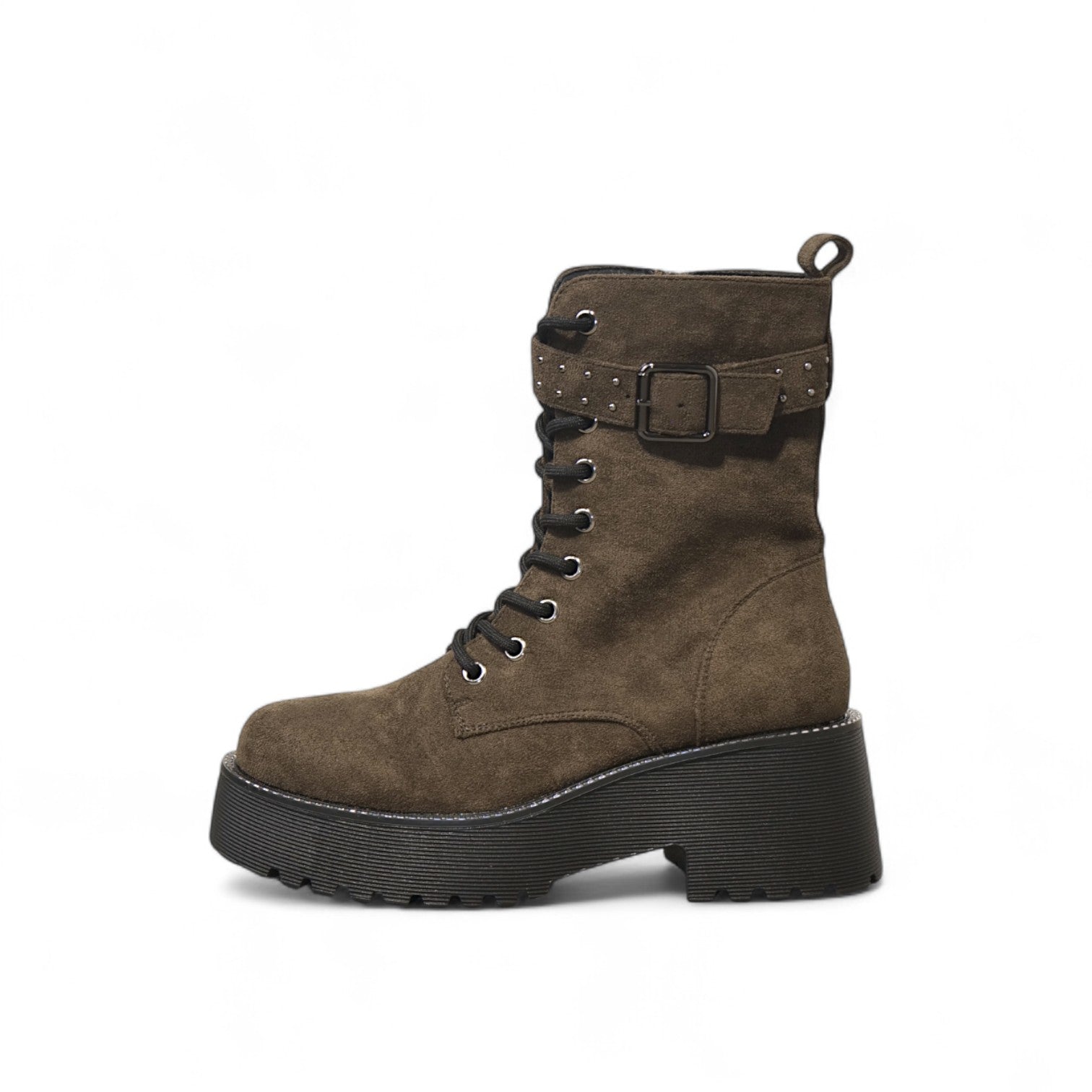 Botas combat para mujer con plataforma alta y cordones, diseño con hebilla decorativa y cierre lateral, de cuero o gamuza sintética, estilo urbano moderno disponibles en negro, marrón y beige