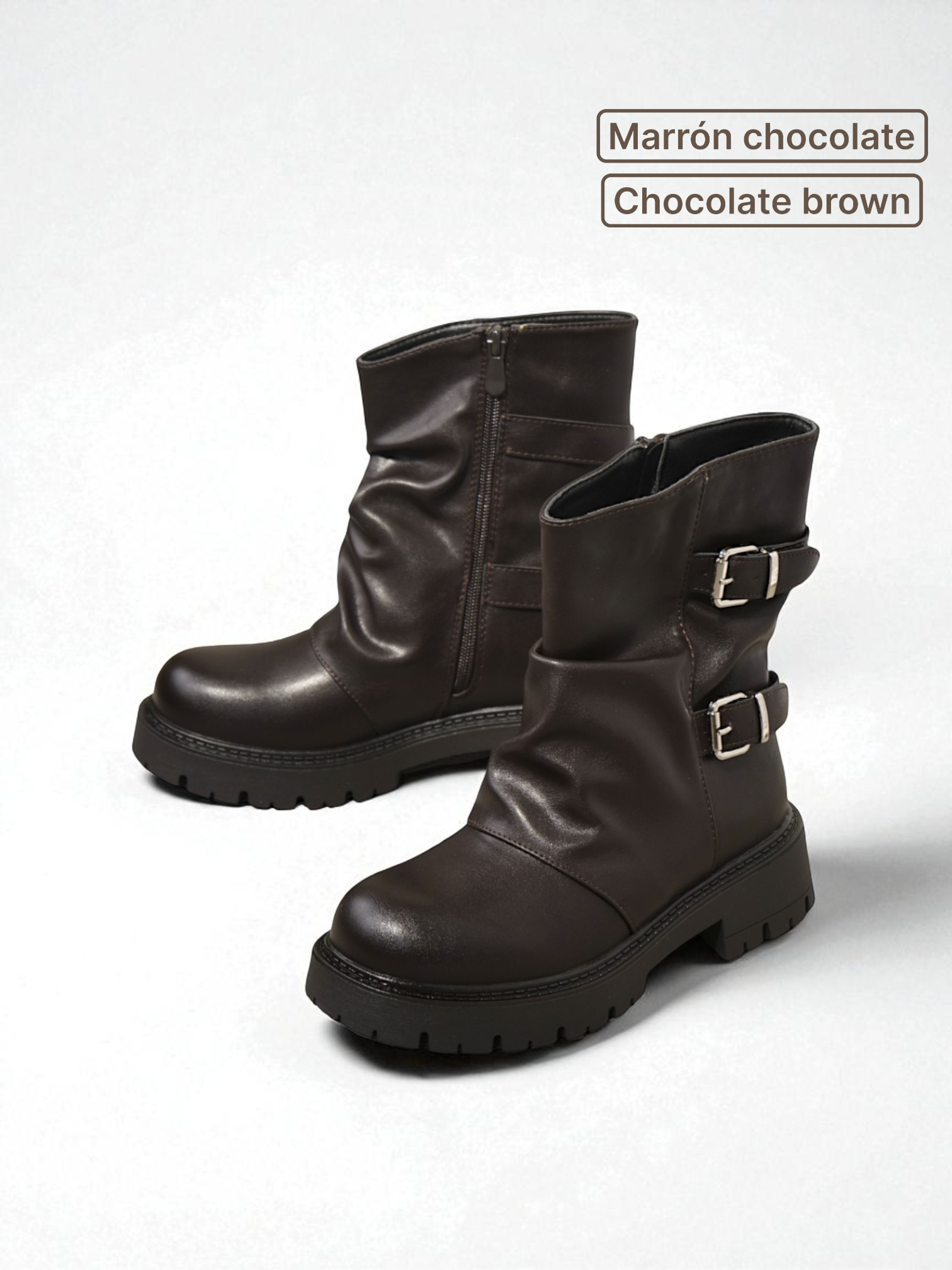 Botines biker de mujer media caña con doble hebilla y suela track