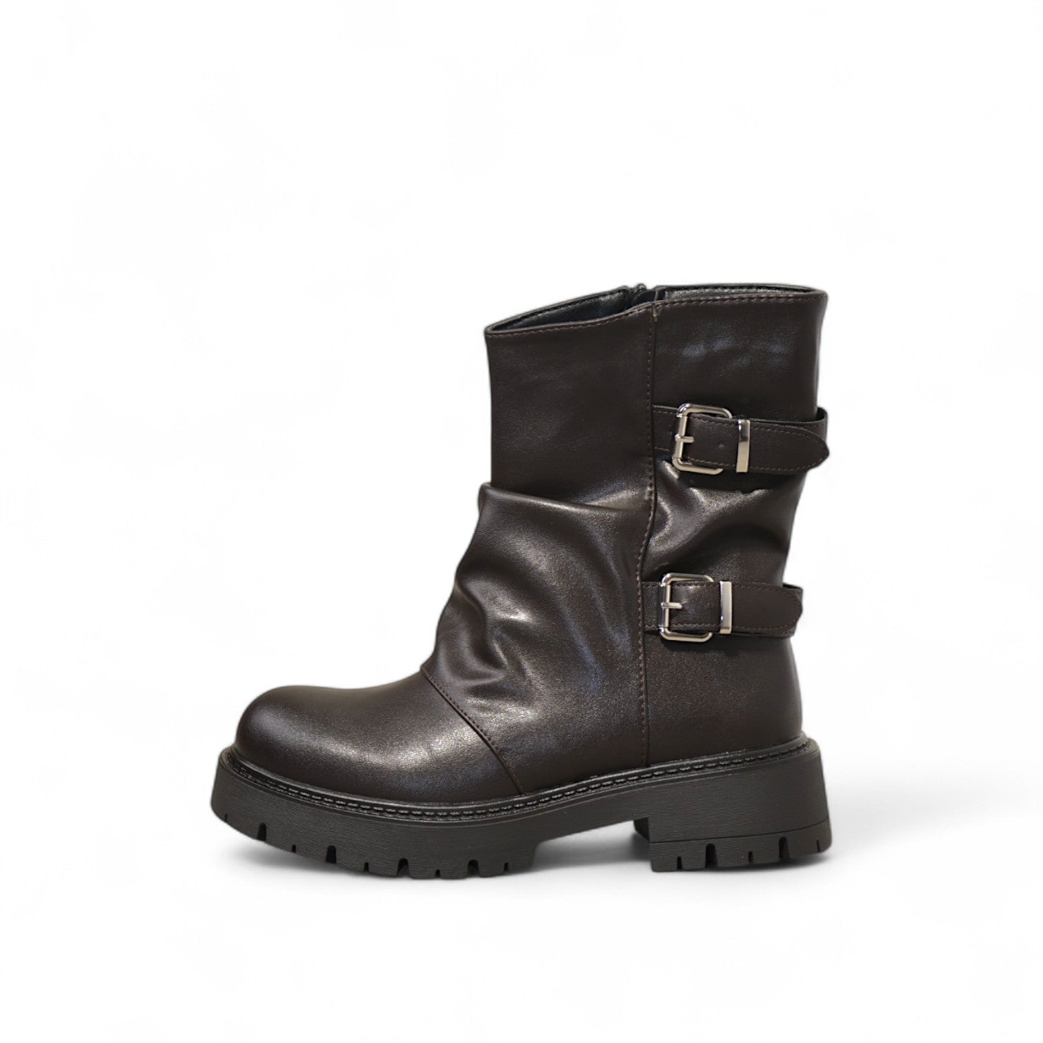Botines biker de mujer media caña con doble hebilla y suela track