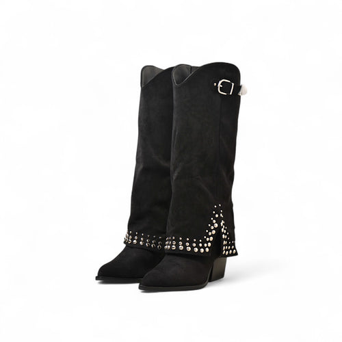 Botas cowboy altas de mujer con tachuelas metálicas y tacón ancho estilo western