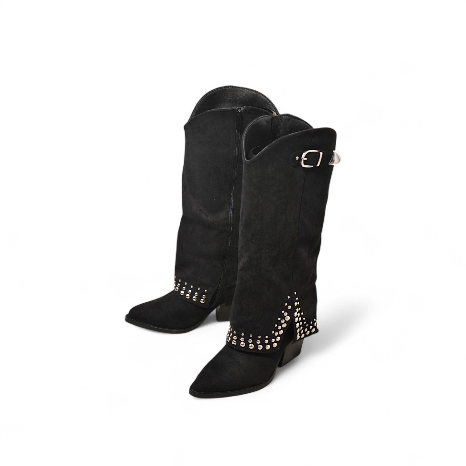 Botas cowboy altas de mujer con tachuelas metálicas y tacón ancho estilo western