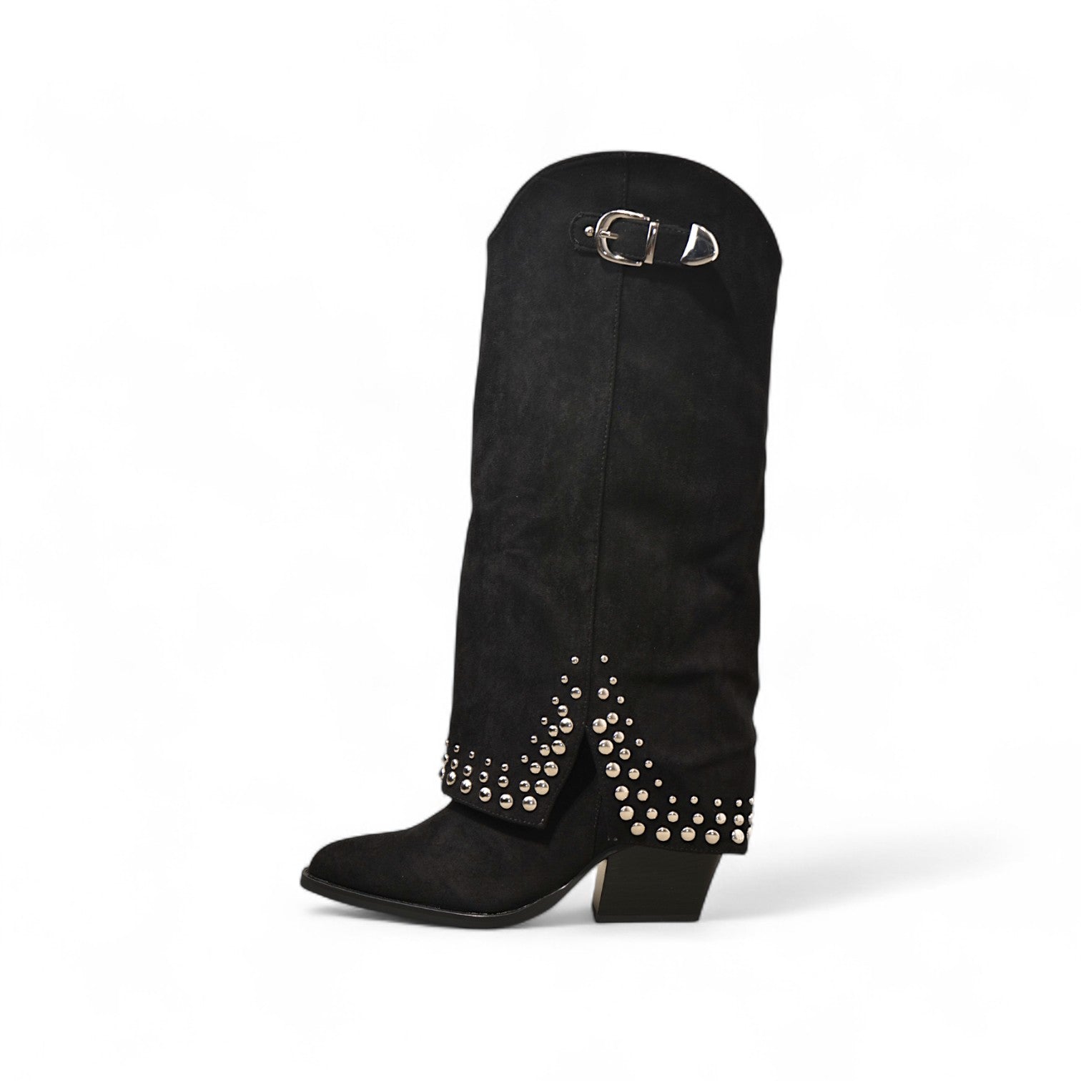 Botas cowboy altas de mujer con tachuelas metálicas y tacón ancho estilo western
