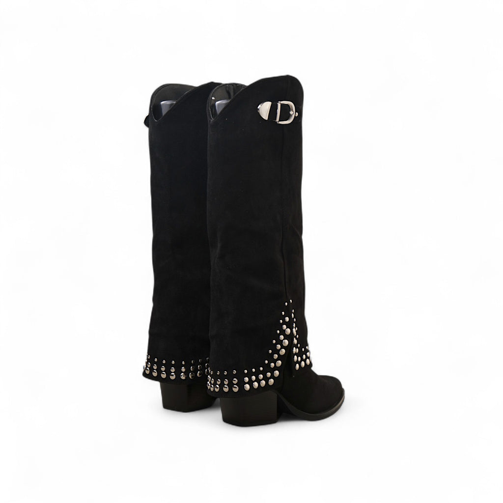 Botas cowboy altas de mujer con tachuelas metálicas y tacón ancho estilo western