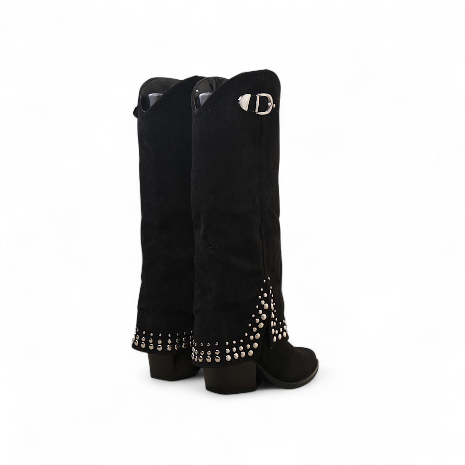 Botas cowboy altas de mujer con tachuelas metálicas y tacón ancho estilo western