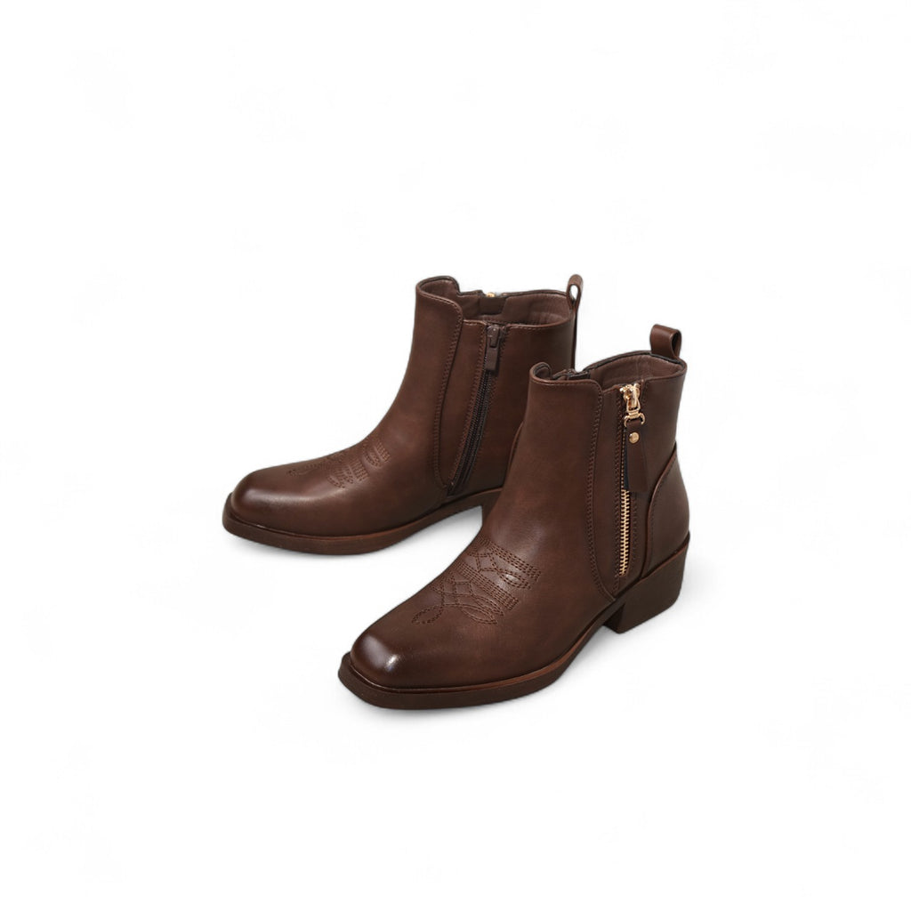 Botines cowboy de mujer con bordado y cierre lateral, estilo western cómodo con tacón bajo