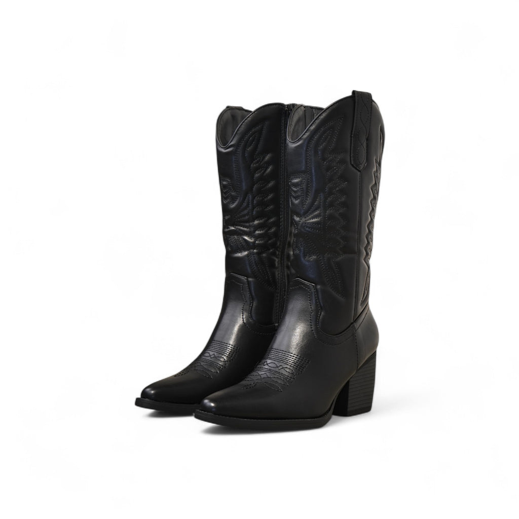Botas cowboy de mujer bordadas con tacón ancho, estilo vaquero moderno y cómodo para looks casuales