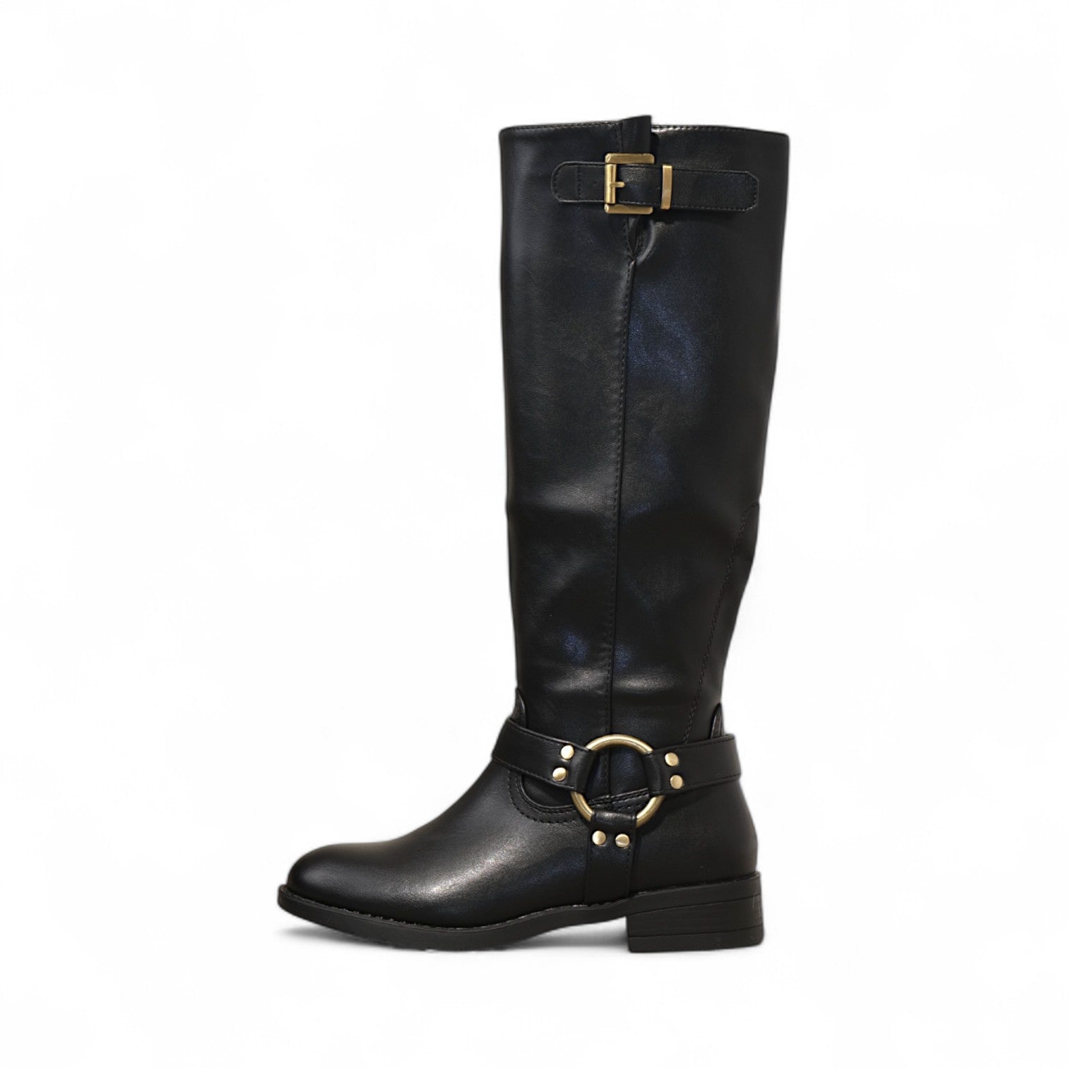 Botas altas de mujer estilo ecuestre con hebilla metálica y tacón bajo cómodo para uso diario