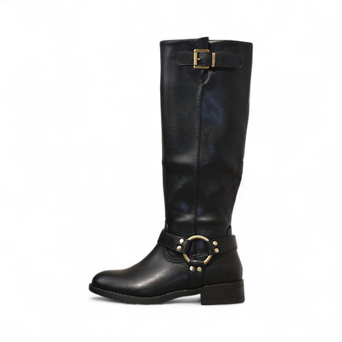 Botas altas de mujer estilo ecuestre con hebilla metálica y tacón bajo cómodo para uso diario