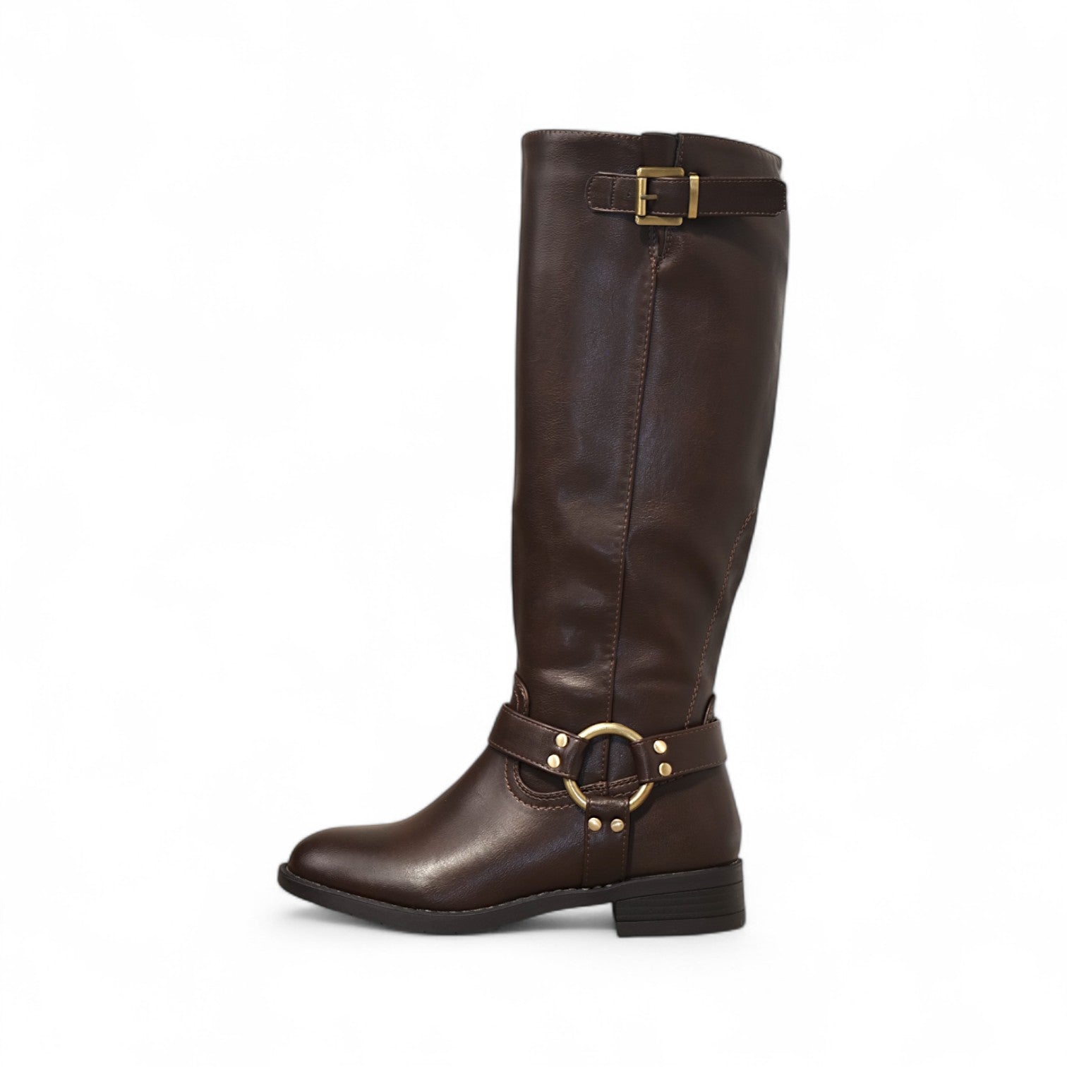 Botas altas de mujer estilo ecuestre con hebilla metálica y tacón bajo cómodo para uso diario