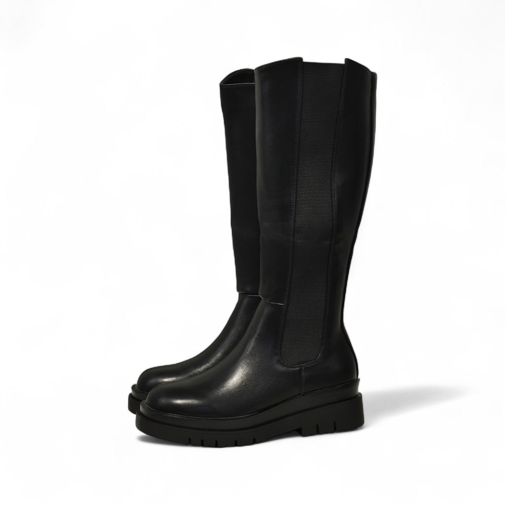 Botas altas negras estilo básico con banda elástica para mujer con plataforma dentada y cierre lateral – Botas de caña alta estilo casual urbano