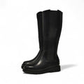 Botas altas negras estilo básico con banda elástica para mujer con plataforma dentada y cierre lateral – Botas de caña alta estilo casual urbano