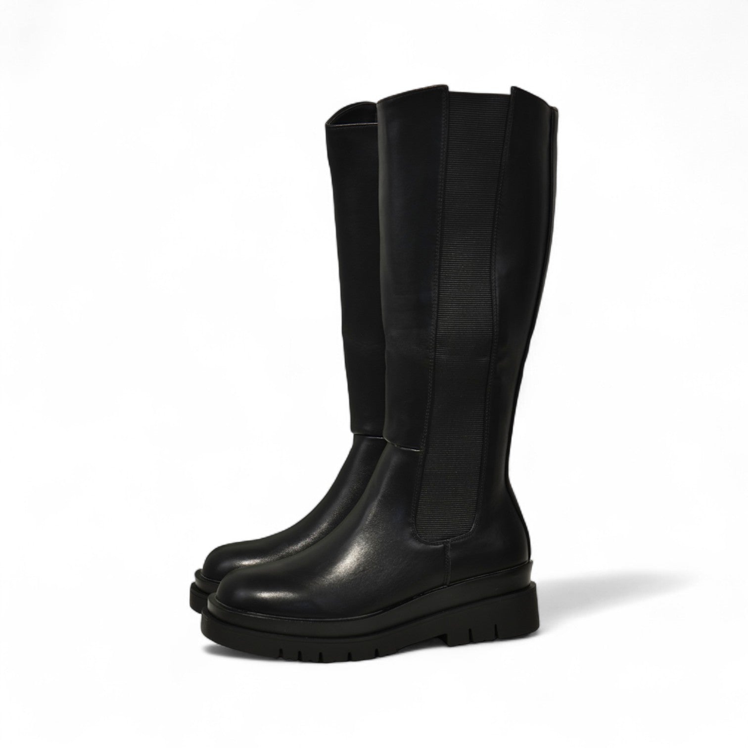 Botas altas negras estilo básico con banda elástica para mujer con plataforma dentada y cierre lateral – Botas de caña alta estilo casual urbano