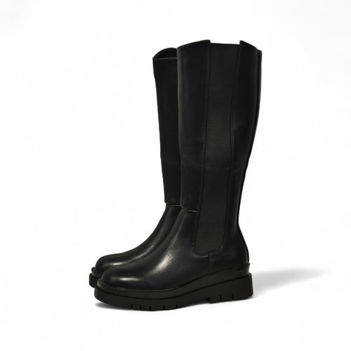 Botas altas negras estilo básico con banda elástica para mujer con plataforma dentada y cierre lateral – Botas de caña alta estilo casual urbano