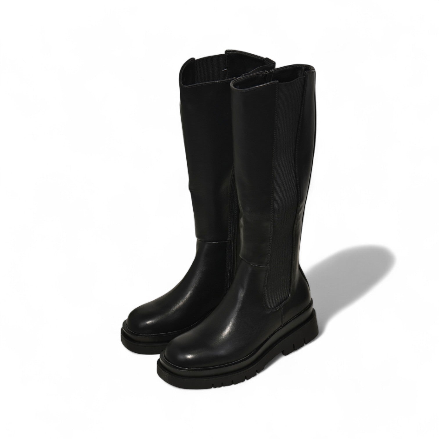 Botas altas negras estilo básico con banda elástica para mujer con plataforma dentada y cierre lateral – Botas de caña alta estilo casual urbano