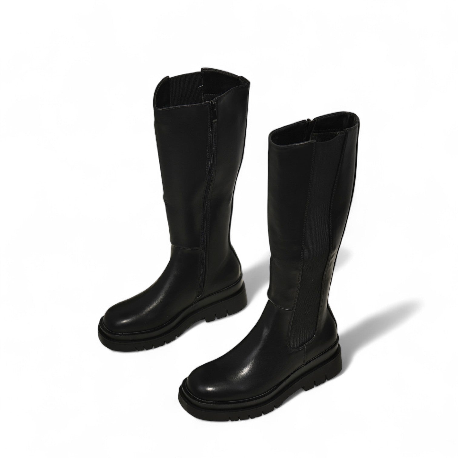 Botas altas negras estilo básico con banda elástica para mujer con plataforma dentada y cierre lateral – Botas de caña alta estilo casual urbano