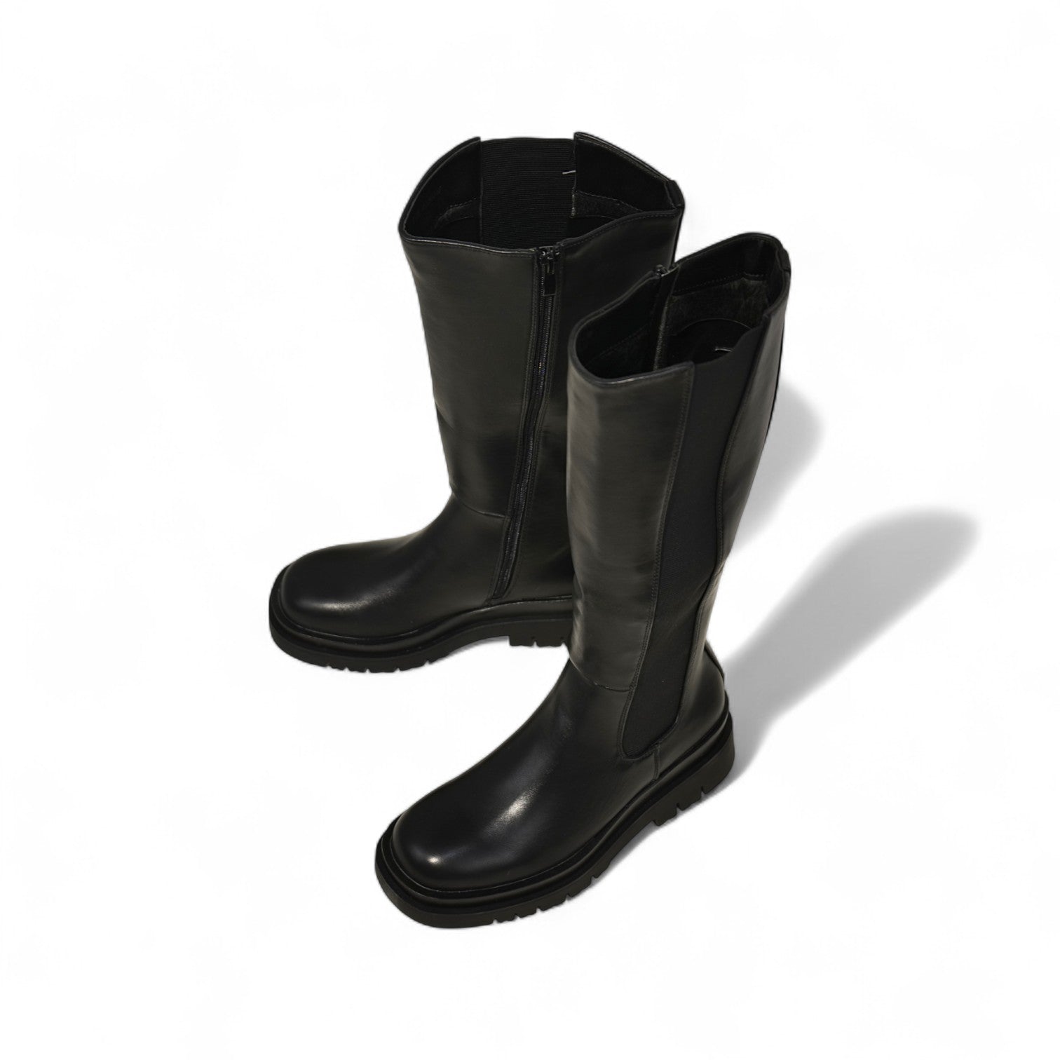Botas altas negras estilo básico con banda elástica para mujer con plataforma dentada y cierre lateral – Botas de caña alta estilo casual urbano