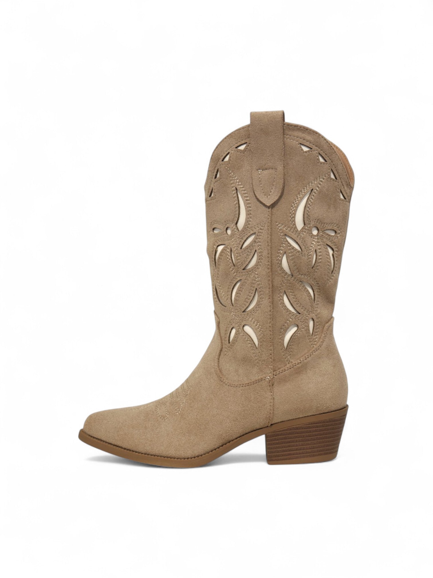 Botas cowboy de gamuza tacón 5cm y corte láser decorativo – Botas camperas beige de estilo western