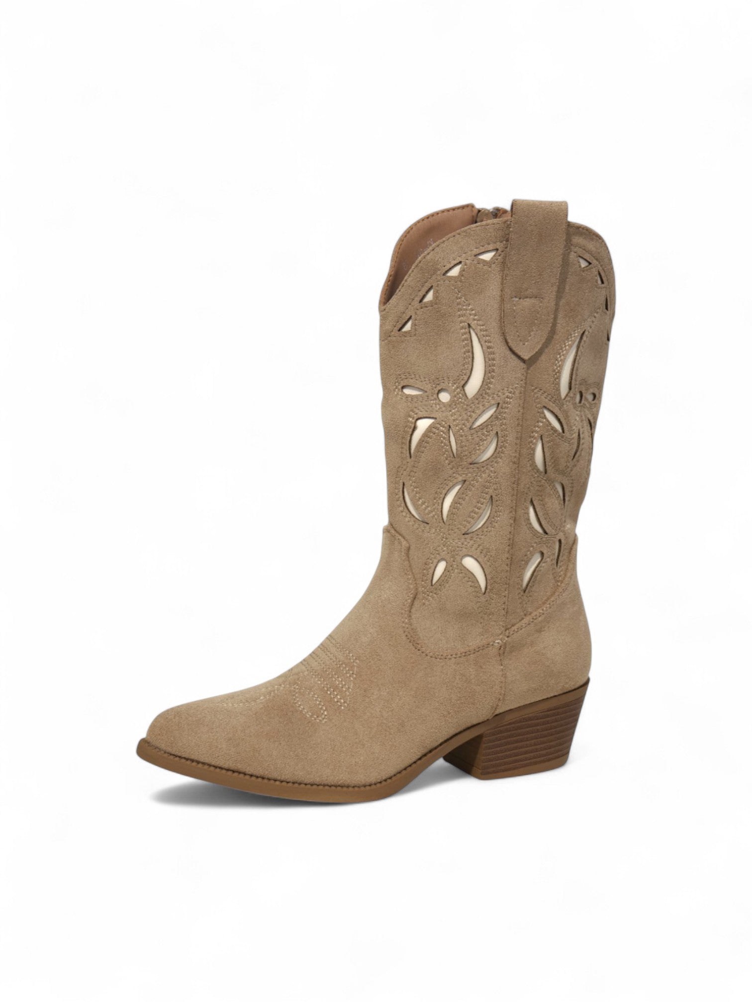 Botas cowboy de gamuza tacón 5cm y corte láser decorativo – Botas camperas beige de estilo western