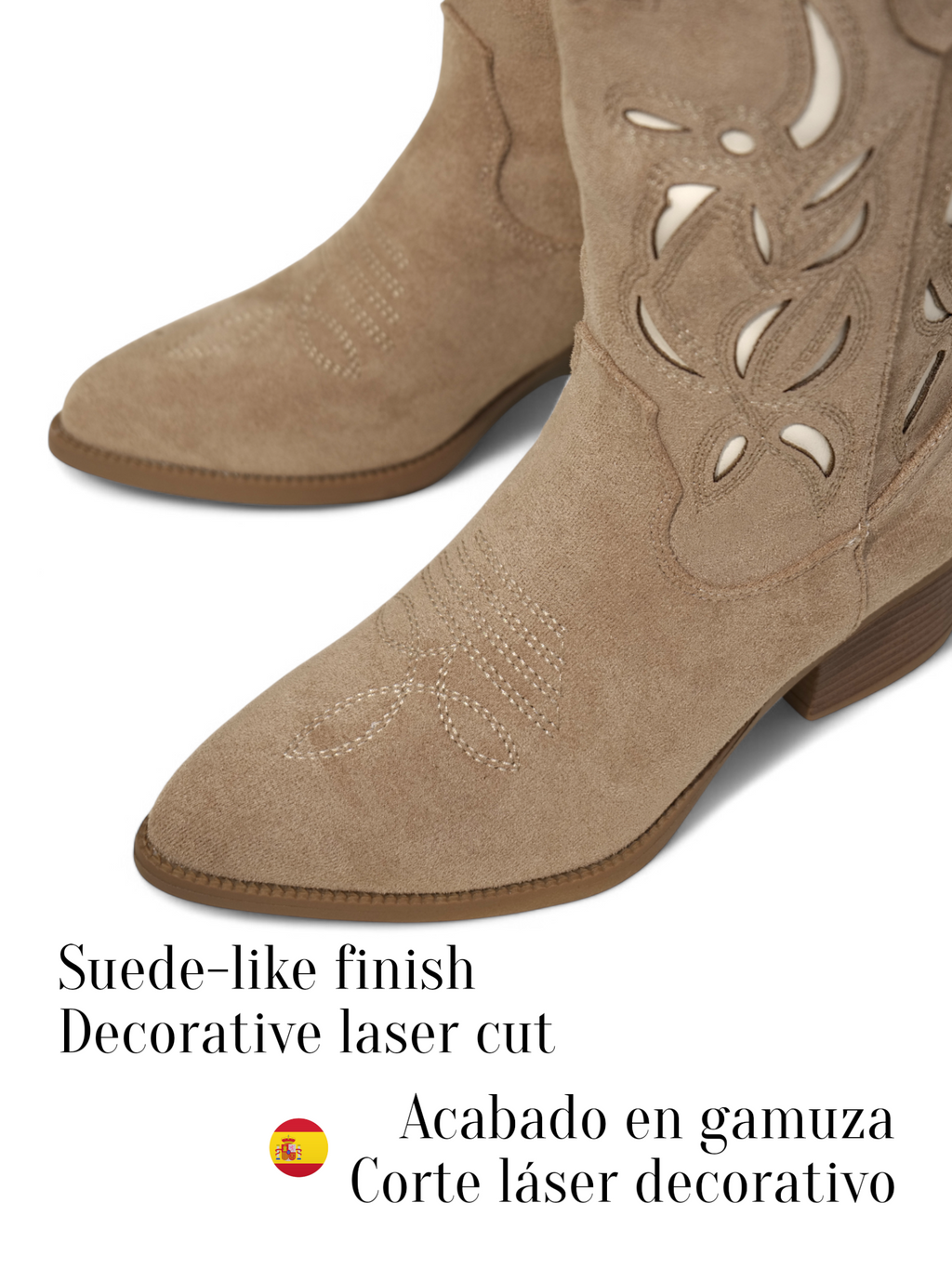 Botas cowboy de gamuza tacón 5cm y corte láser decorativo – Botas camperas beige de estilo western