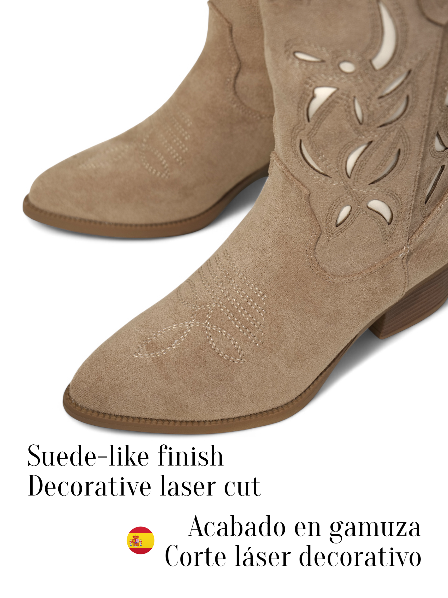 Botas cowboy de gamuza tacón 5cm y corte láser decorativo – Botas camperas beige de estilo western
