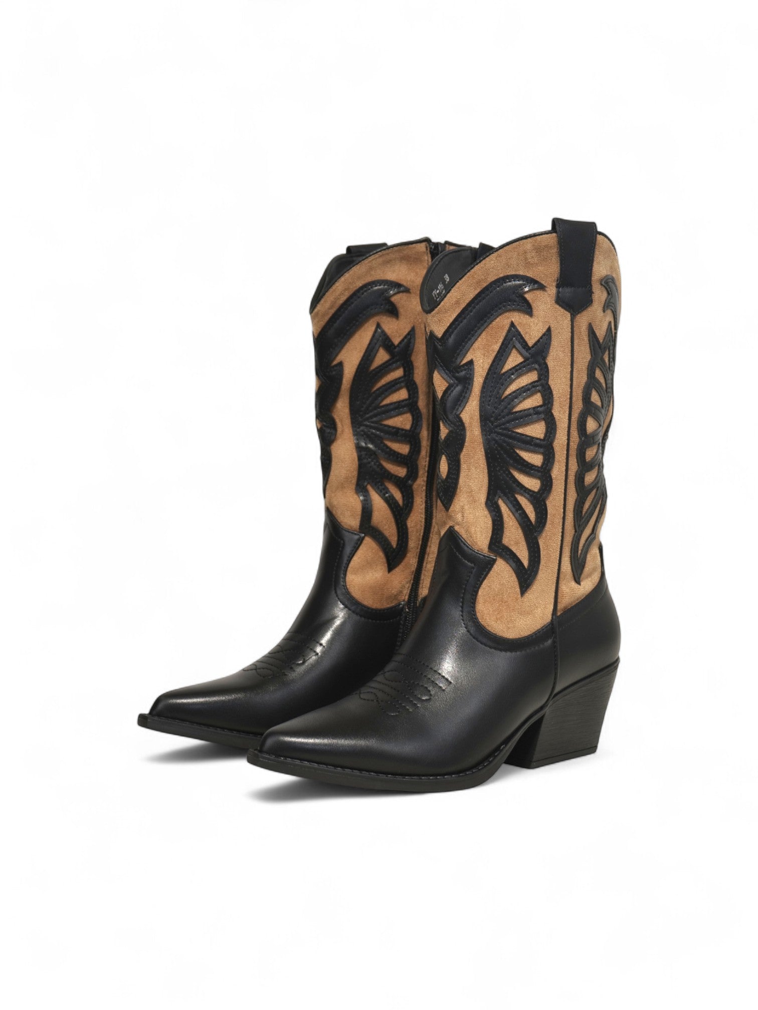 Botas vaqueras bicolor de mujer en cuero sintético y gamuza sintética, estilo cowboy clásico con tacón ancho