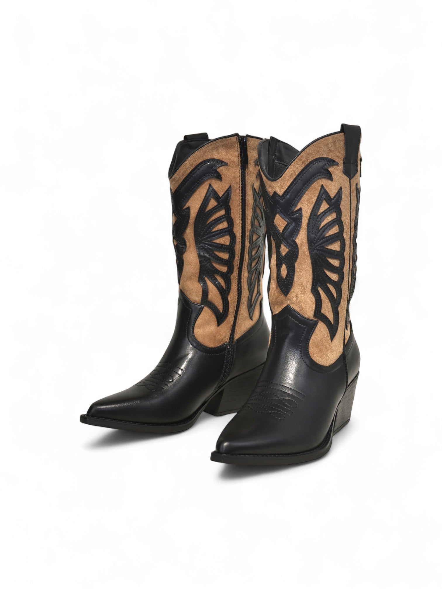 Botas vaqueras bicolor de mujer en cuero sintético y gamuza sintética, estilo cowboy clásico con tacón ancho
