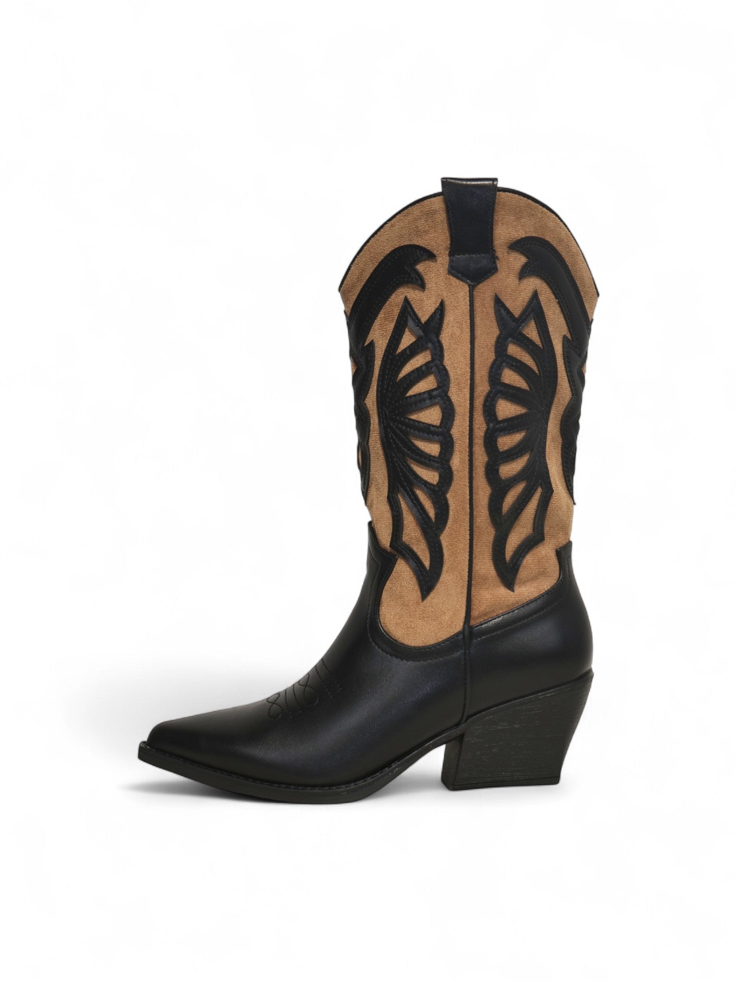 Botas vaqueras bicolor de mujer en cuero sintético y gamuza sintética, estilo cowboy clásico con tacón ancho