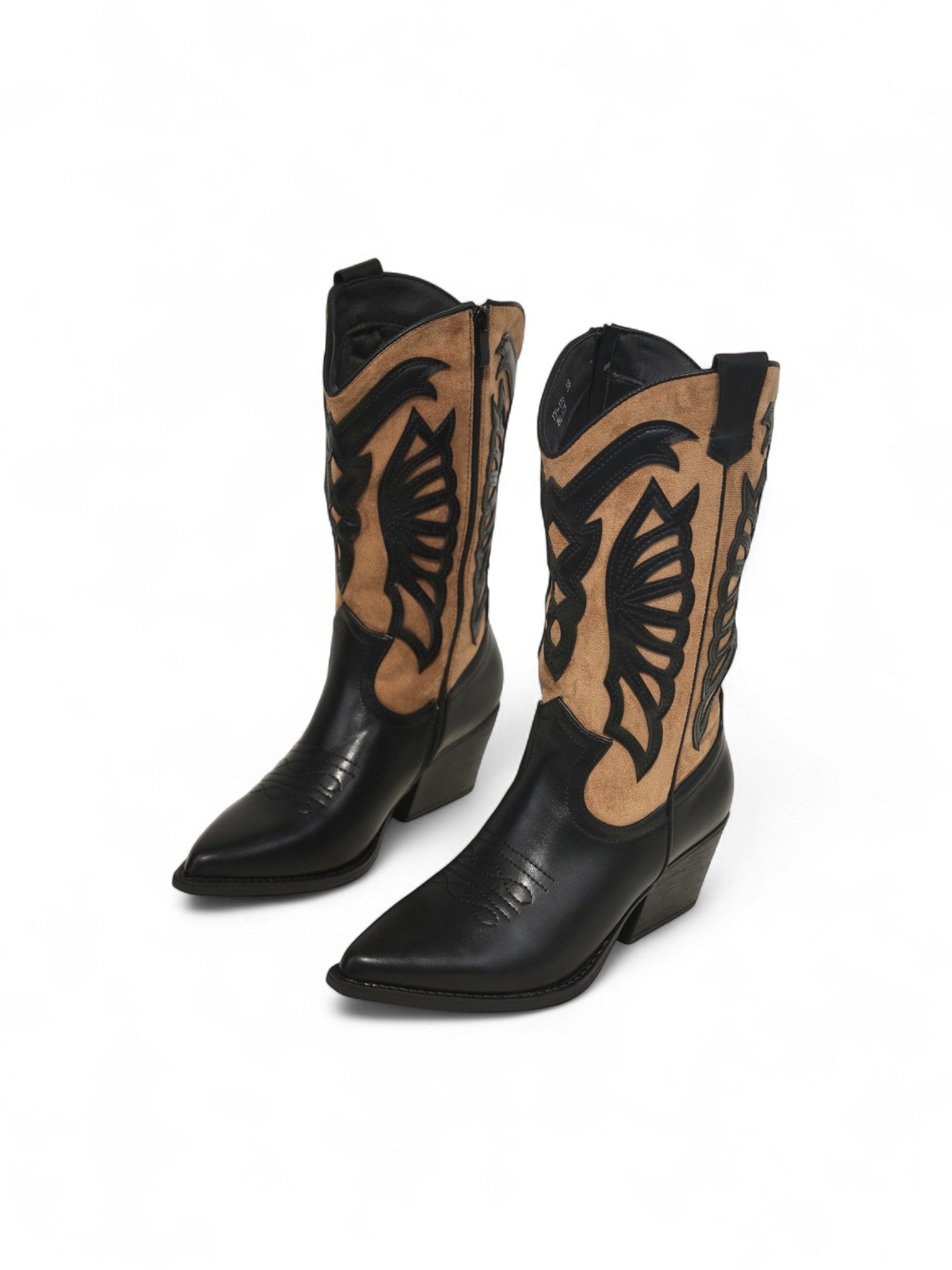 Botas vaqueras bicolor de mujer en cuero sintético y gamuza sintética, estilo cowboy clásico con tacón ancho
