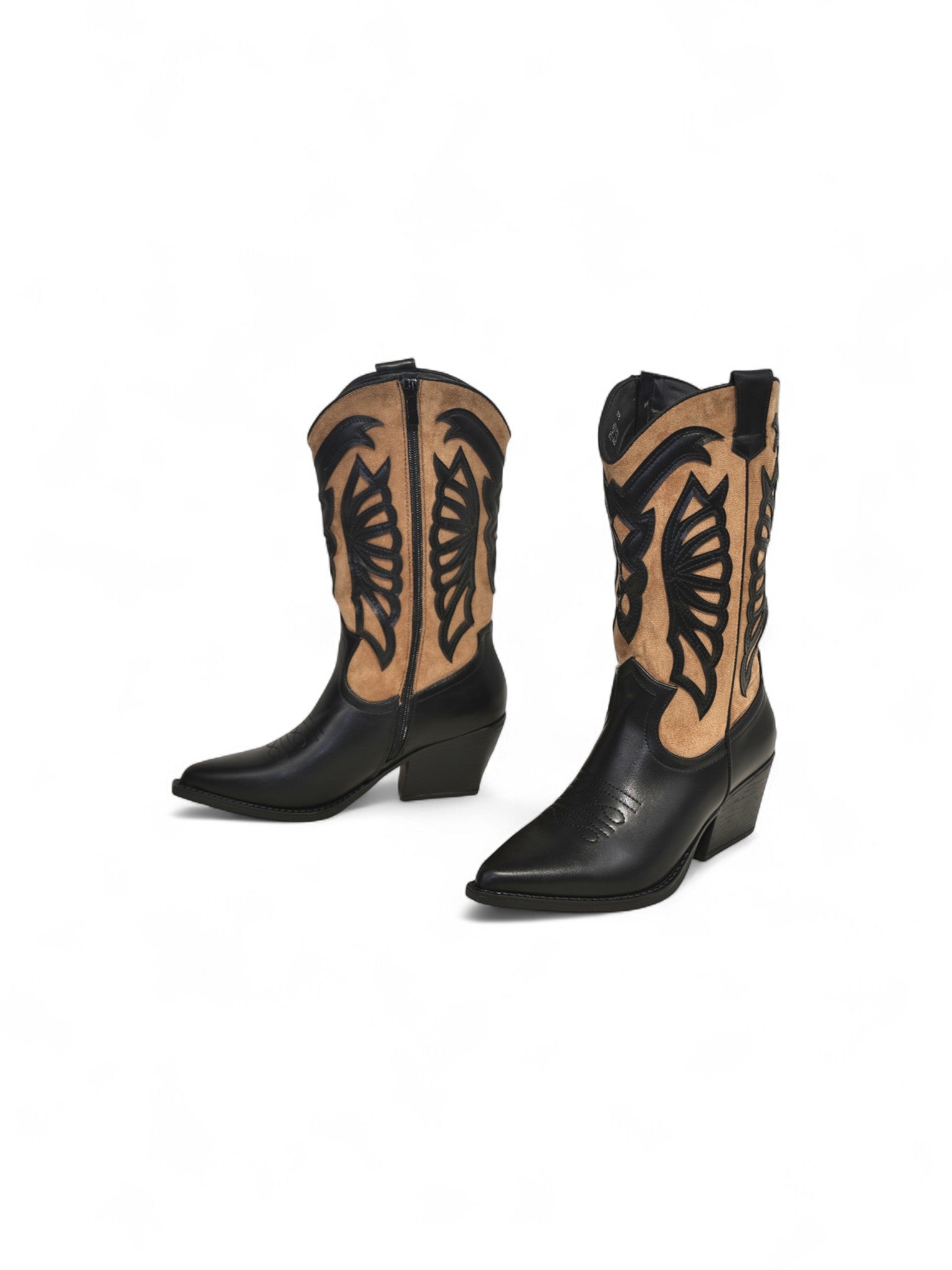 Botas vaqueras bicolor de mujer en cuero sintético y gamuza sintética, estilo cowboy clásico con tacón ancho