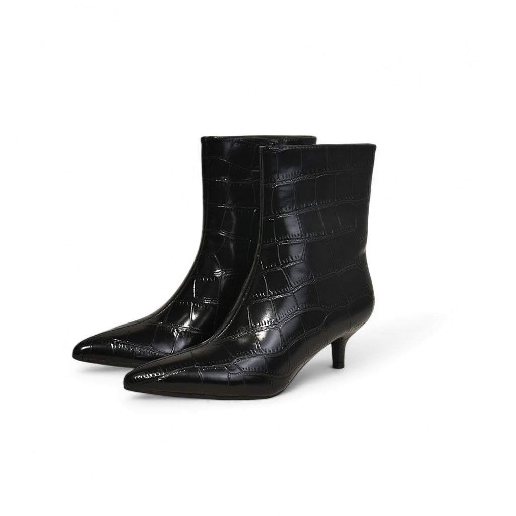 Botines mujer de cuero sintético con tacón bajo kitten heel y textura efecto cocodrilo