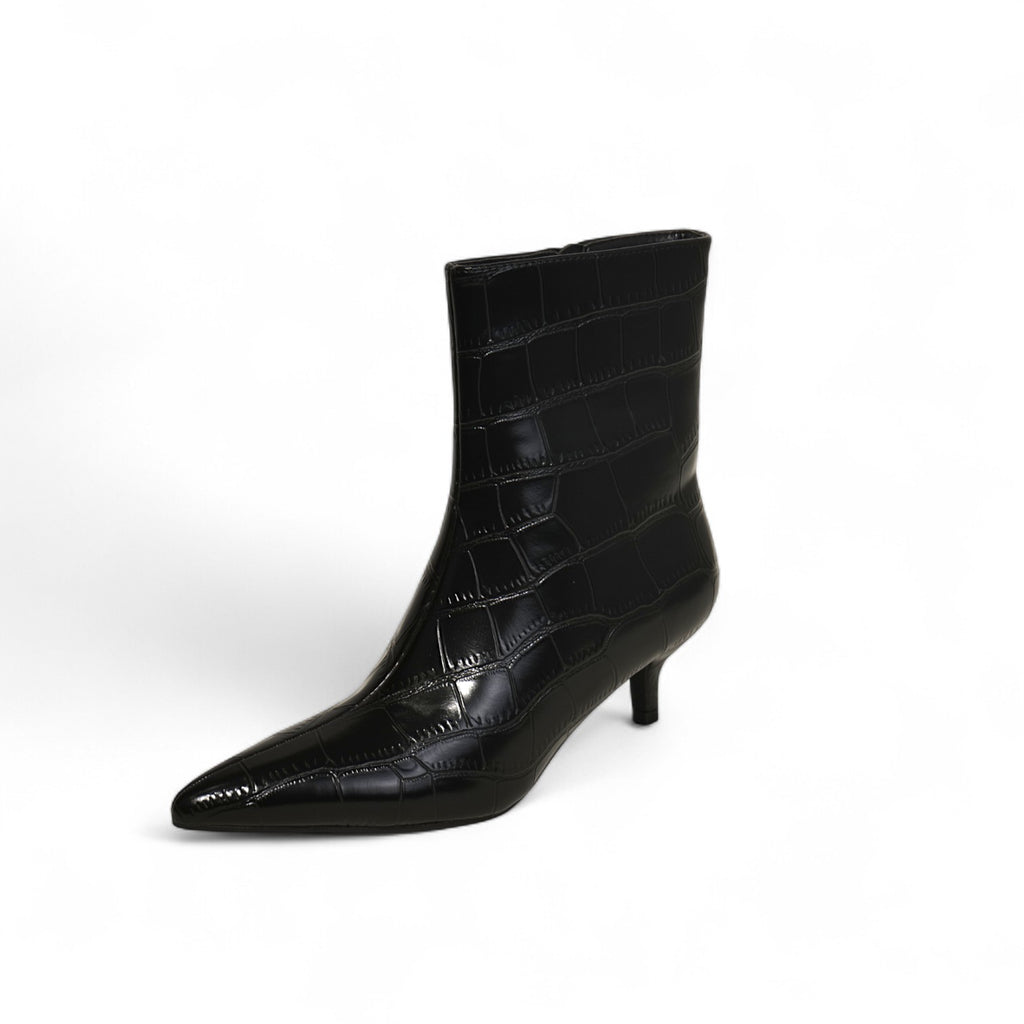 Botines mujer de cuero sintético con tacón bajo kitten heel y textura efecto cocodrilo