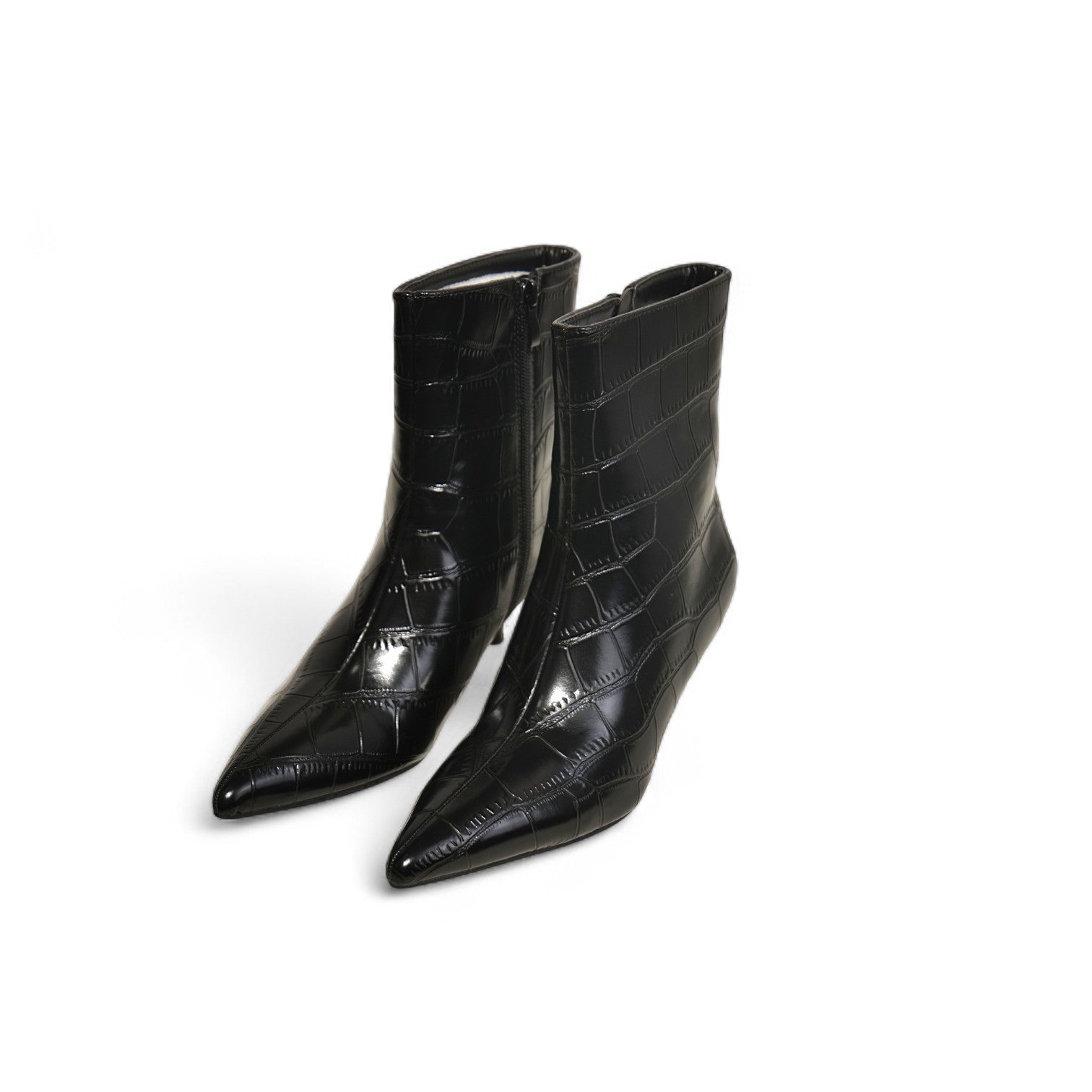 Botines mujer de cuero sintético con tacón bajo kitten heel y textura efecto cocodrilo