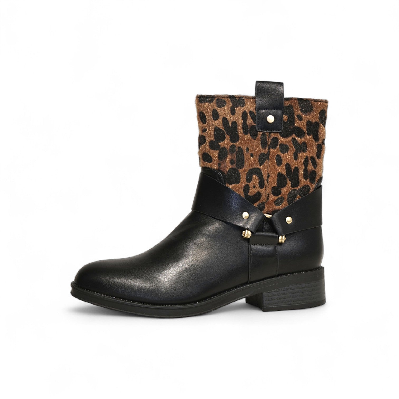 Botines biker mujer de cuero sintético y gamuza con detalle metálico, caña media negra y animal print