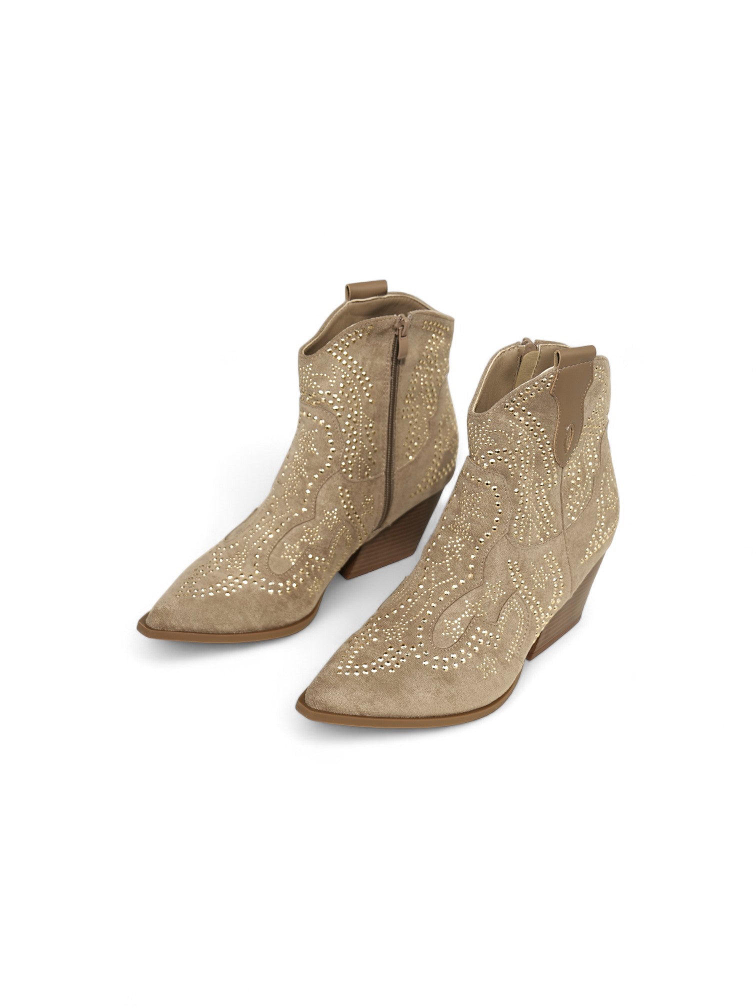 Botines vaqueros gamuza sintética con tacón medio y detalles de tachuelas metálicas
