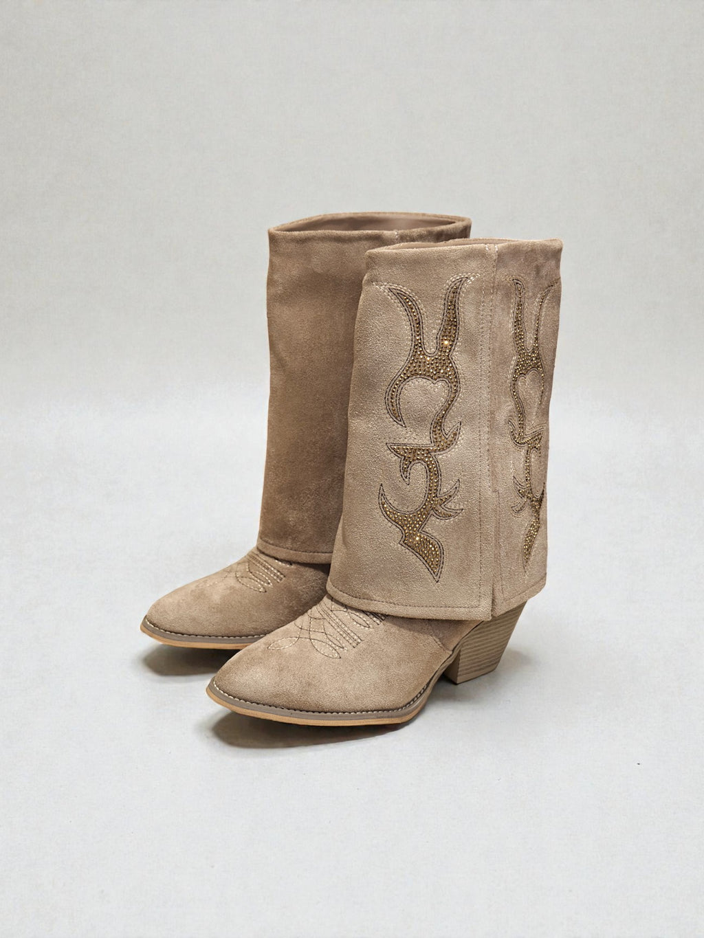 Botas cowboy doble capa mujer de caña ancha en efecto gamuza con tacón cómodo y detalles bordados