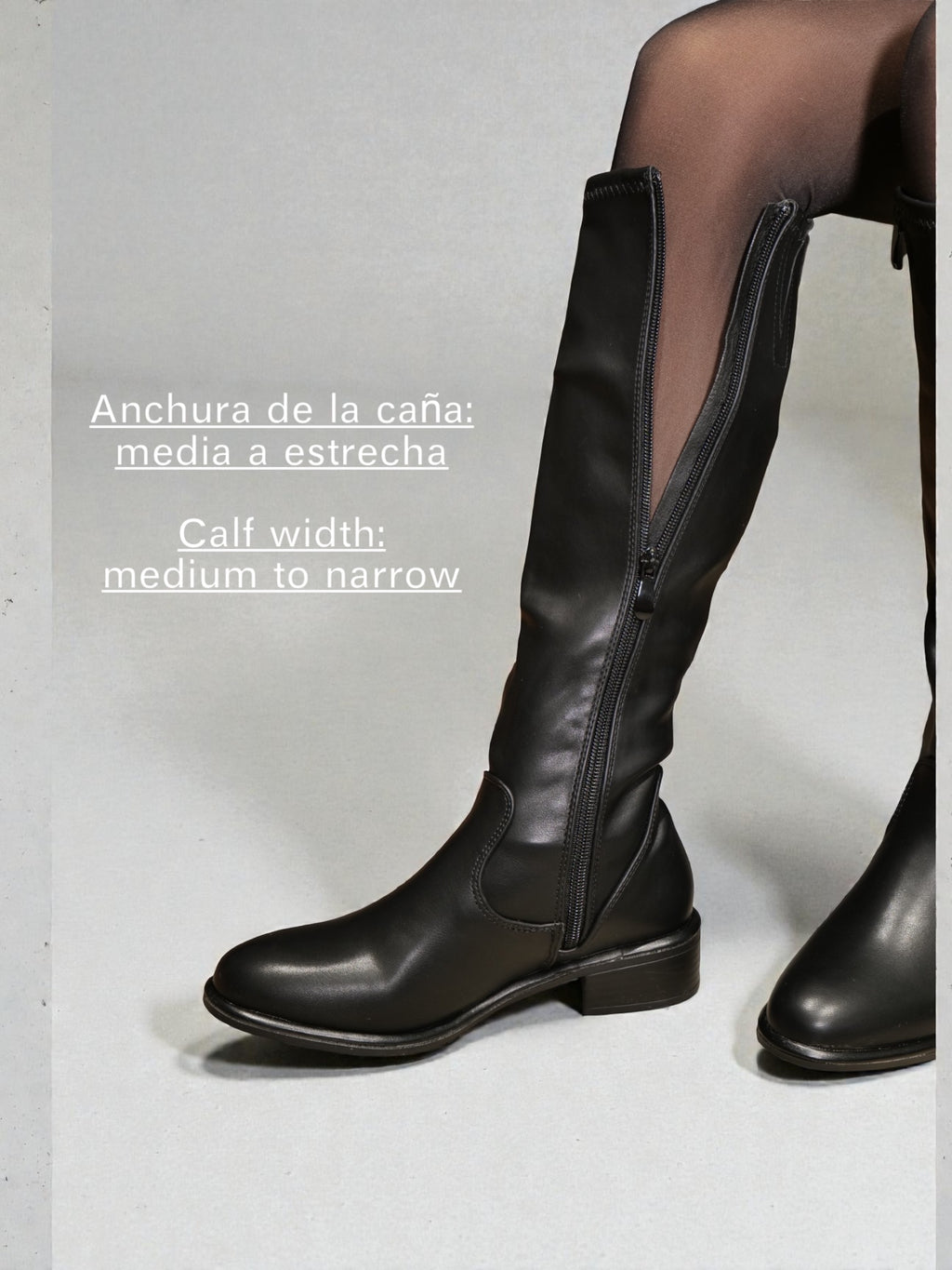 Bota alta mujer en cuero sintético negro con tacón bajo, diseño clásico, cierre lateral  – calzado cómodo y versátil para looks diarios y elegantes