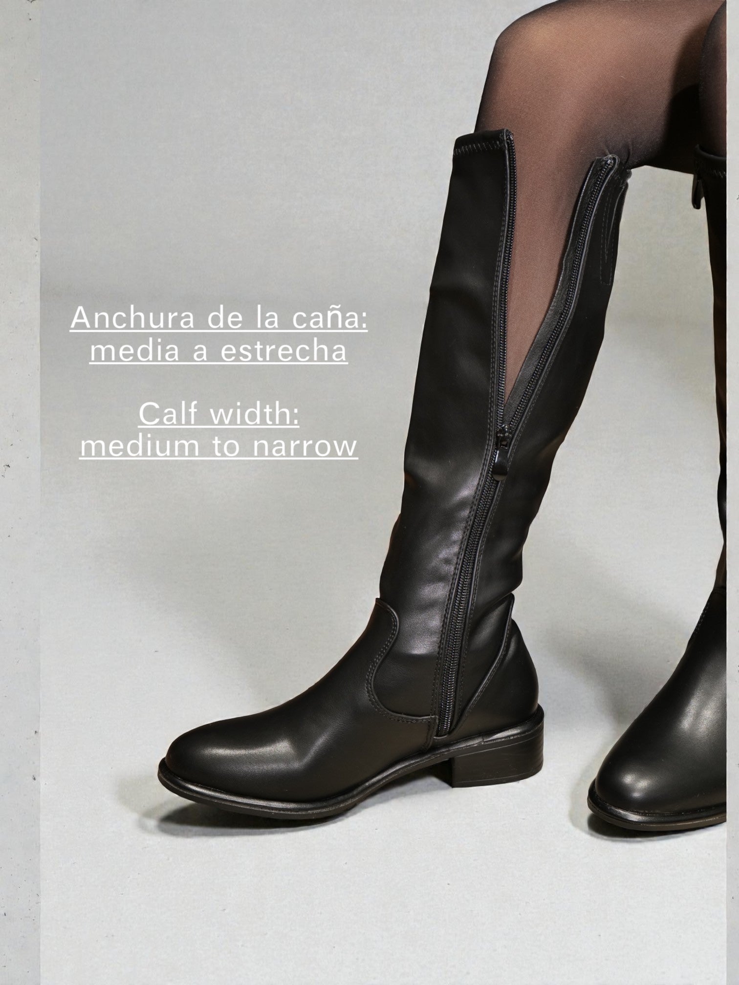 Bota alta mujer en cuero sintético negro con tacón bajo, diseño clásico, cierre lateral  – calzado cómodo y versátil para looks diarios y elegantes