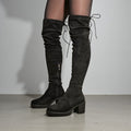 Botas altas por encima de la rodilla negra con tacón medio con plataforma tipo musleras mujer de gamuza sintética suela antideslizante, cierre lateral y ajuste trasero – diseño cómodo