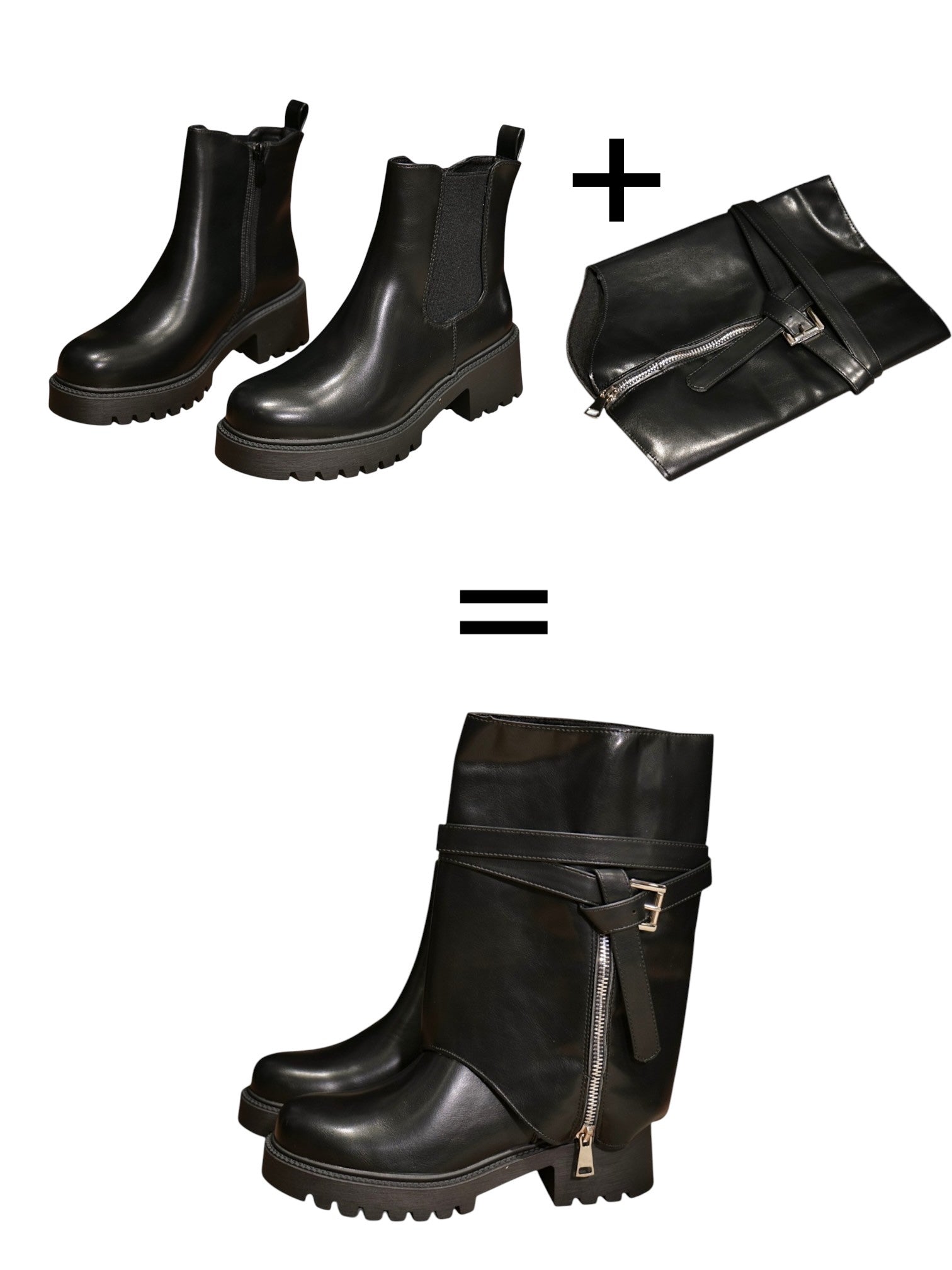 Bota 2 en 1 mujer negro brillo con botín básico y funda desmontable con cierre y hebilla – en cuero sintético diseño versátil, moderno y funcional con suela antideslizante