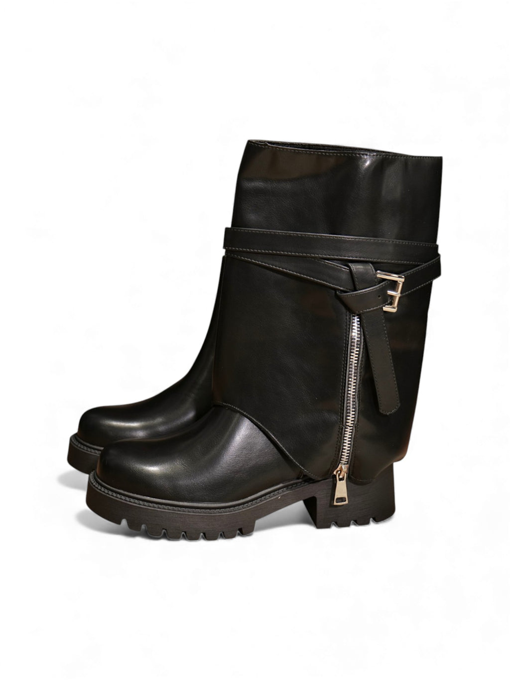 Bota 2 en 1 mujer negro brillo con botín básico y funda desmontable con cierre y hebilla – en cuero sintético diseño versátil, moderno y funcional con suela antideslizante
