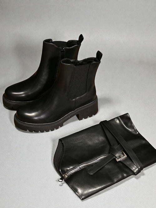 Bota 2 en 1 mujer negro brillo con botín básico y funda desmontable con cierre y hebilla – en cuero sintético diseño versátil, moderno y funcional con suela antideslizante