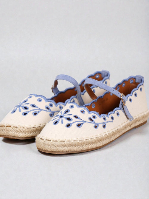 Alpargatas Mujer Bordadas con Pulsera Ajustable, Espadrilles Planas de Lona con Suela de Yute, Zapatos Verano Cómodos con Detalle Floral y Acabado Ondulado Textil